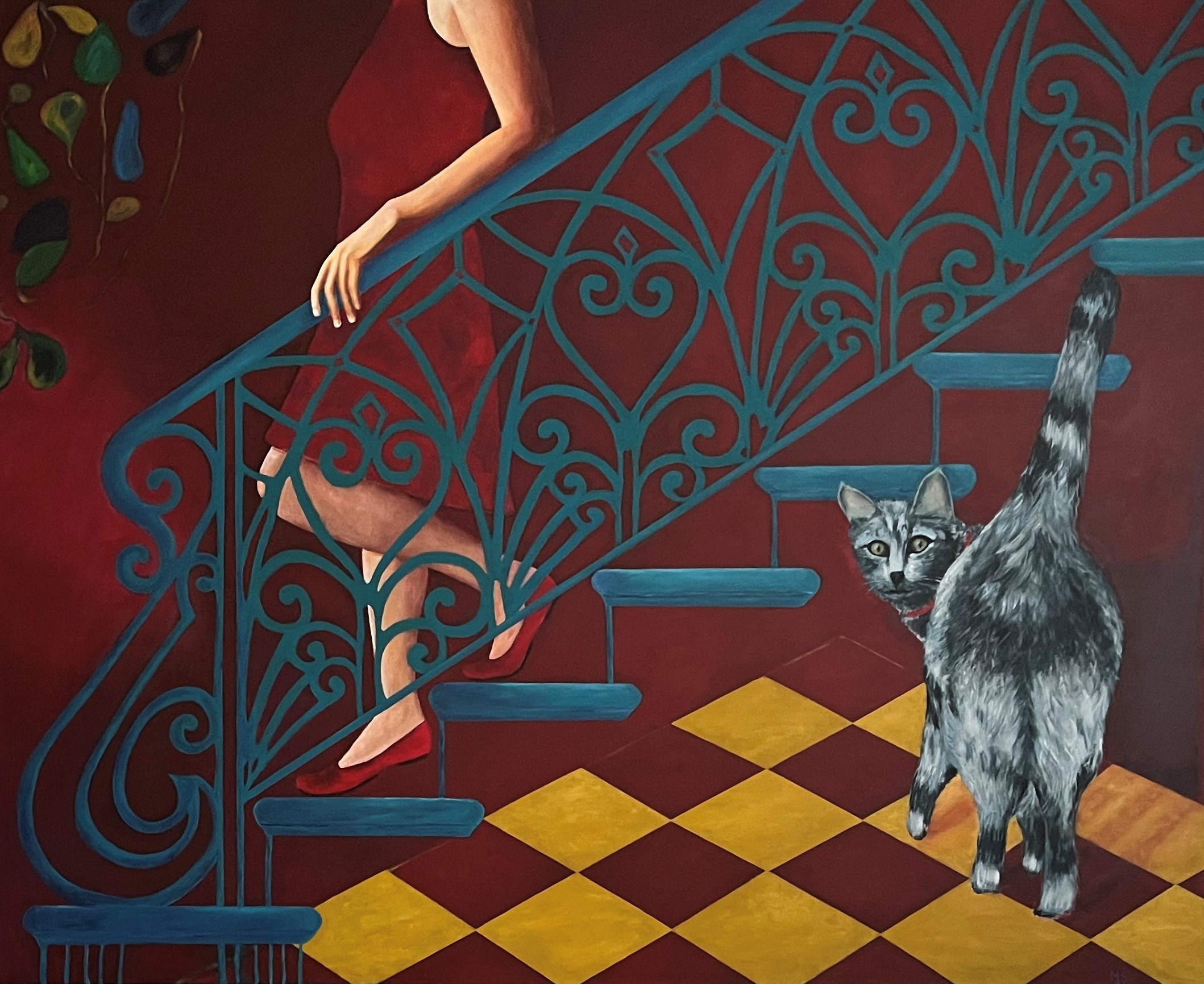 sitting on a chair in a dark room, looking at a painting 2021 acryl auf lwd